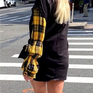 Zara Black Mini Dress with Yellow Plaid Puff Sleeves